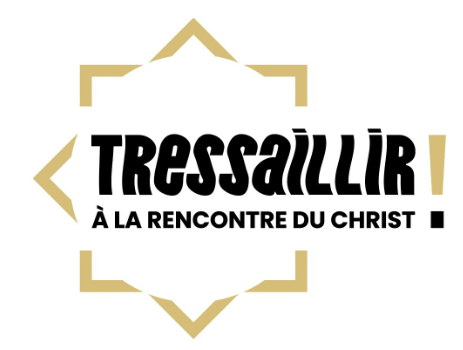 Logo de l'événement "Tressaillir ! À la rencontre du Christ", entouré d'une forme géométrique dorée.